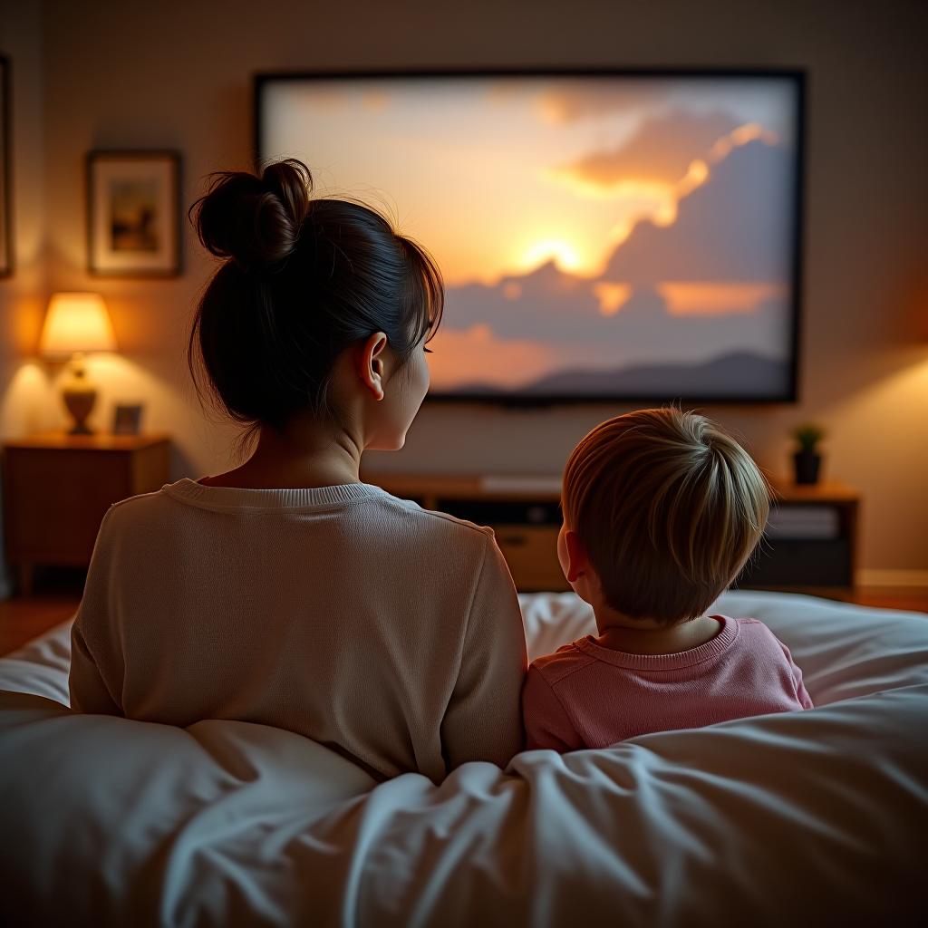  rear view photo of happy mommy and child watching movie cosy room indoors