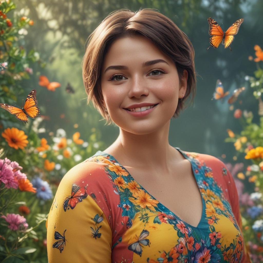 ((masterpiece)),(((best quality))), 8k, high detailed, ultra detailed, A confident short haired chubby girl, (bright smile), (colorful outfit), (butterflies flying around her), (flowers blooming in the background) hyperrealistic, full body, detailed clothing, highly detailed, cinematic lighting, stunningly beautiful, intricate, sharp focus, f/1. 8, 85mm, (centered image composition), (professionally color graded), ((bright soft diffused light)), volumetric fog, trending on instagram, trending on tumblr, HDR 4K, 8K