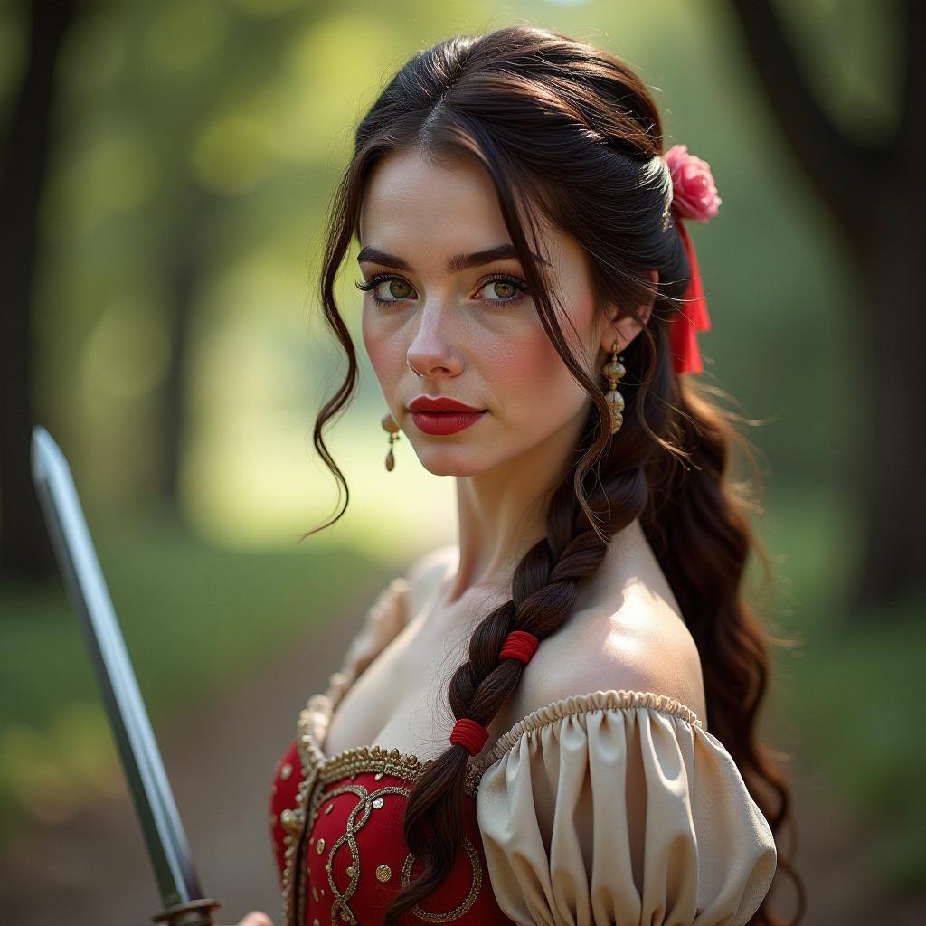  cinematic photo spanish aristocrat in a medieval road costume, young elegant girl, burning brunette, marble white skin, bright scarlet lips, a thin duel sword in hand, professional photo . 35mm photograph, film, bokeh, professional, 4k, highly detailed