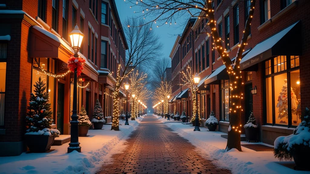  real estate photography style hyper photorealistic image of a cozy street lined with glowing holiday lights: "a charming winter street scene with glowing holiday lights strung between lampposts and trees. snow gently falls, and the warm lights from shop windows reflect off the cobblestone street, creating a welcoming and festive atmosphere ar 16:9 . professional, inviting, well lit, high resolution, property focused, commercial, highly detailed