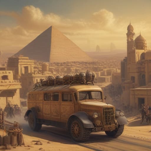 Dieselpunk Egypt in Oil painting style with City background