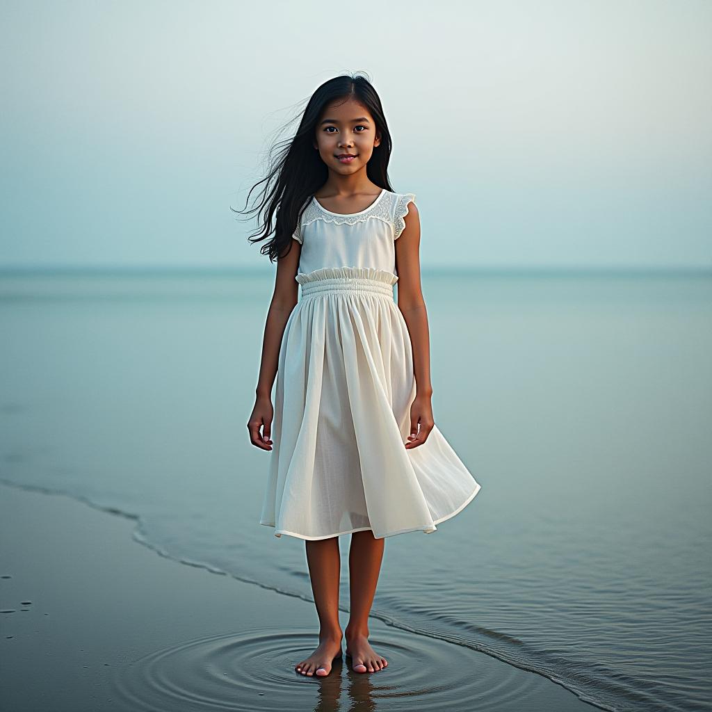  the girl is standing on the shore in a white dress, her face is visible.