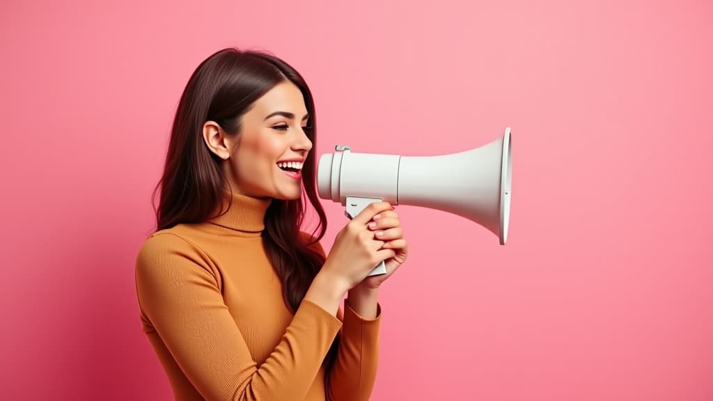  woman holding megaphone making announcement on pink background