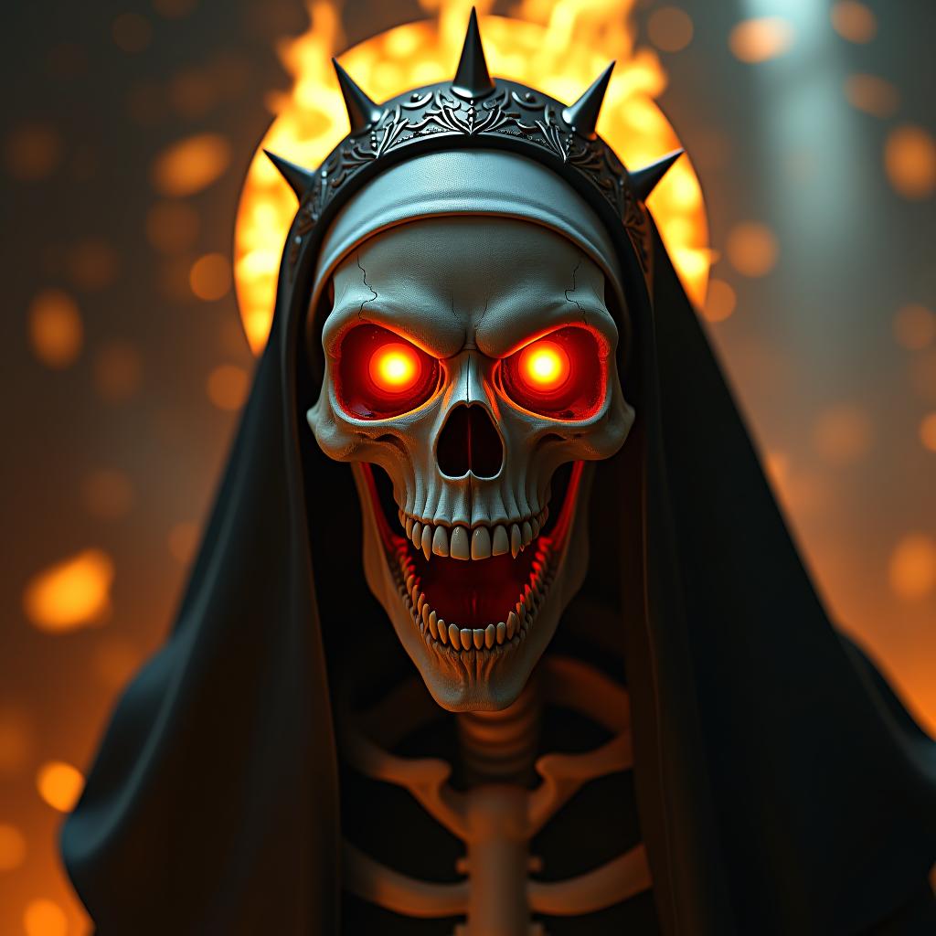  hyper realistic digital illustration with the luminous, intricate detailing of the skeletal, demonic nun with an ethereal glow emanating from fiery eyes, sharp, blood streaked teeth and fangs, surrounded by spiked, metallic halo and embellished headpiece, contrasting dark shadows and harsh highlights emphasizing the surreal and eerie textures, the background blurred with floating embers and a golden, ominous ambiance, with intricate bone structures and subtle cracks interwoven into surreal, haunting and intimidatingly fine details permeating through the image. hyperrealistic, full body, detailed clothing, highly detailed, cinematic lighting, stunningly beautiful, intricate, sharp focus, f/1. 8, 85mm, (centered image composition), (professionally color graded), ((bright soft diffused light)), volumetric fog, trending on instagram, trending on tumblr, HDR 4K, 8K