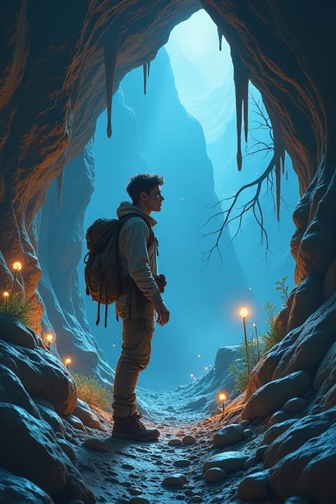  a detailed depiction of a human character exploring a dark, ancient cave, illuminated by the soft glow of bioluminescent fungi, wearing rugged hiking gear, with a look of awe and curiosity, surrounded by stalactites and stalagmites, shadows dancing on the cave walls, hints of treasure and ancient markings on the rock surfaces, atmospheric mist, a sense of adventure and discovery, realistic textures and colors, full body view