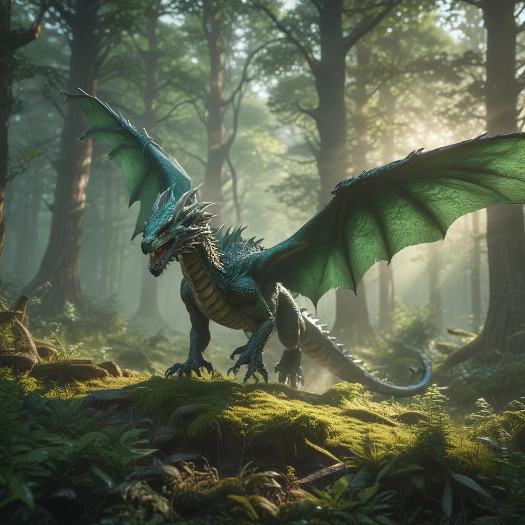 ((masterpiece)),(((best quality))), 8k, high detailed, ultra detailed, A dragon flying over a mystical forest, ((emerald scales)), soaring, (sunlight filtering through the trees), shadows hyperrealistic, full body, detailed clothing, highly detailed, cinematic lighting, stunningly beautiful, intricate, sharp focus, f/1. 8, 85mm, (centered image composition), (professionally color graded), ((bright soft diffused light)), volumetric fog, trending on instagram, trending on tumblr, HDR 4K, 8K