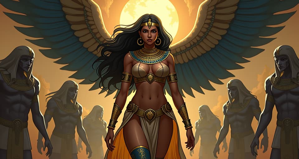  fallen enemies, large busted goddess in form fitting attire, unwavering eyes filled with divine power, undeniable strength. the style is digital art illustration / modern comic book / mysterious occult, symbolic, esoteric vibe,high detail on character design, incorporating ancient egyptian symbology and attire.