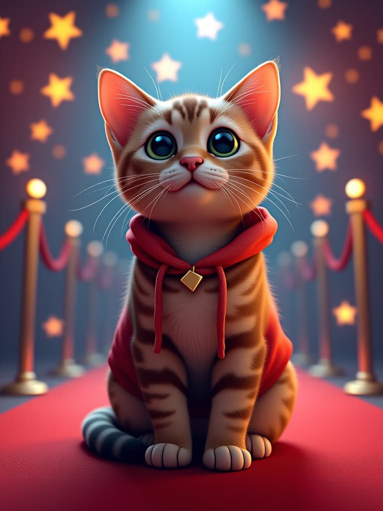  cat, cute outfit, red carpet, sparkling lights, star decorations, starry atmosphere, whimsical, digital illustration, animation studio, soft light, hdr, detailed, vivid colors, fantasy, high angle shot, ee 70mm lens, front view, highly detailed, 4k, raw photo