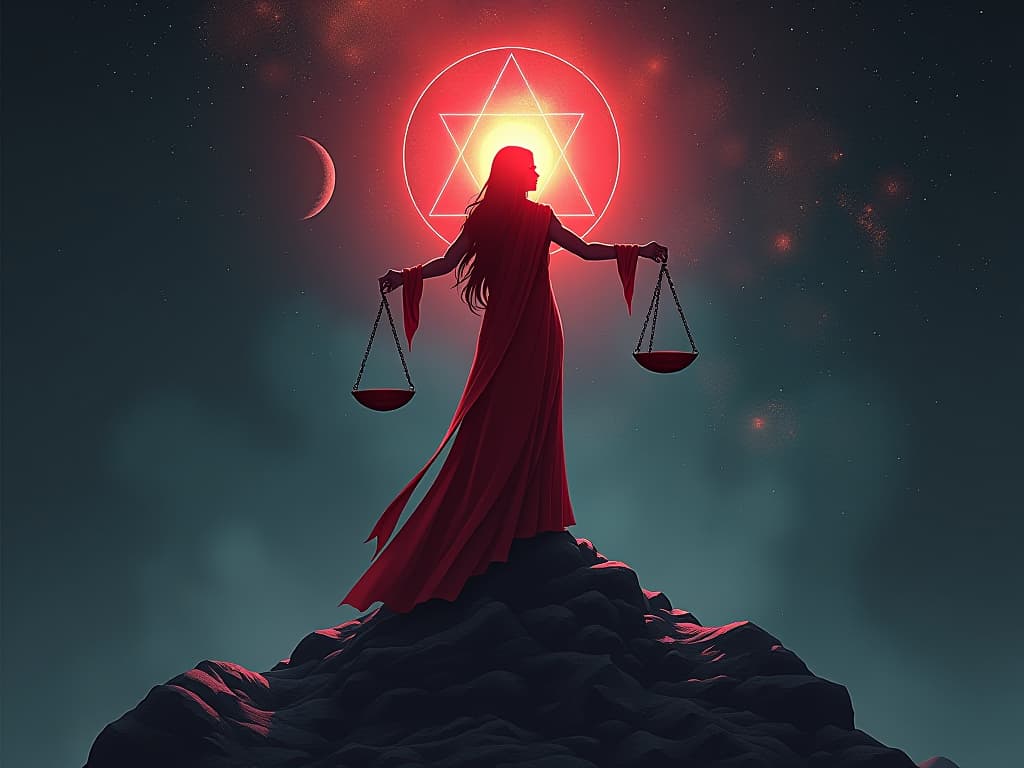  balanced scales amidst cosmic backdrop, glowing figure in red, atmosphere of universal harmony. the style is digital art illustration / modern comic book / graphic dark novel fantasy and mysterious occult, symbolic, moody lighting, esoteric vibe,high detail on character design. for the color scheme emphasize blacks and reds.