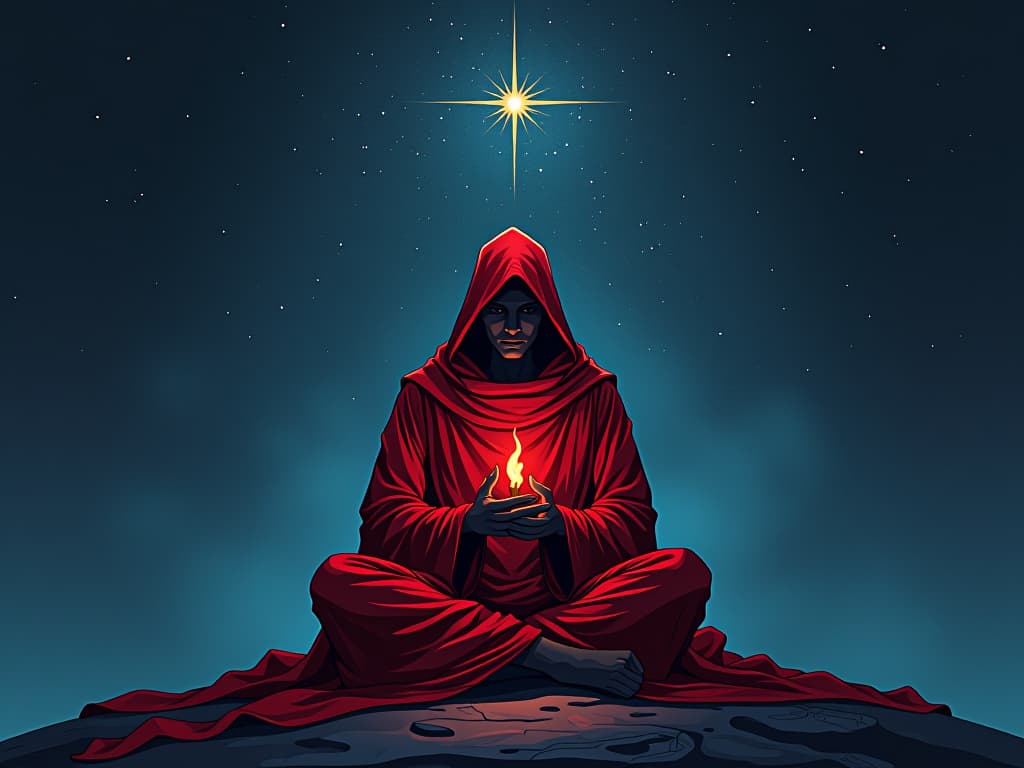  individual in red robes, sitting under a starlit sky, holding a small flame, aura of contemplation and empathy. the style is digital art illustration / modern comic book / graphic dark novel fantasy and mysterious occult, symbolic, moody lighting, esoteric vibe,high detail on character design. for the color scheme emphasize blacks and reds.