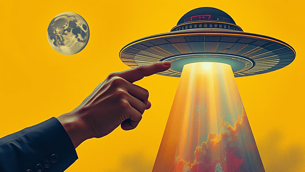  male hand pointing at ufo against yellow background. science of cosmos. contemporary art collage. concept of y2k style, creativity, surrealism, abstract art, imagination. colorful design, high quality, high details, hd, perfect composition, 4k epic detailed, highly detailed, sharp focus, high resolution