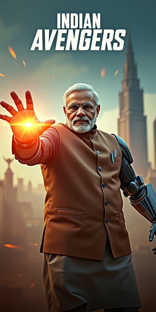  a hyper realistic movie poster titled "indian avengers" featuring narendra modi as a cyborg robot. he launches a powerful hand attack on ultron, his mechanical arm glowing with intense energy. modi’s face, part human and part robotic, is determined as the force of the strike sends shockwaves through the scene. the background shows a futuristic cityscape with indian architecture, with the title "indian avengers" prominently displayed above.