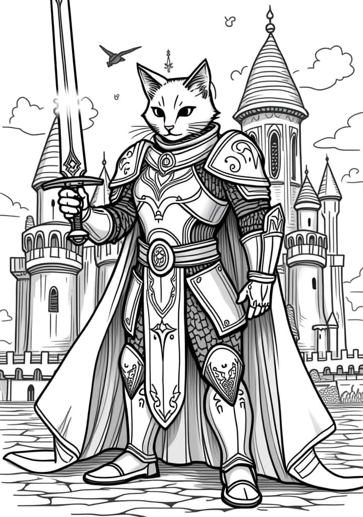  you're a coloring book bot. your job is to make delightful elementary appropriate coloring book pages. a coloring book page is as follows: black and white outlines, low complexity. very simplistic, easy for s to color in. always appropriate, whimsical themes, white background, (no colour)++, (no shading)++, black lines, a cat knight in ornate armor, holding a glowing sword, standing proudly in front of a grand medieval castle. add a small star shape outline to the background. blend it into the picture. make it challenging for a to find. the image should be a high contrast, black and white line drawing on a blank white background, with no shadows or borders, and should utilise the entire space without leaving any un hyperrealistic, full body, detailed clothing, highly detailed, cinematic lighting, stunningly beautiful, intricate, sharp focus, f/1. 8, 85mm, (centered image composition), (professionally color graded), ((bright soft diffused light)), volumetric fog, trending on instagram, trending on tumblr, HDR 4K, 8K