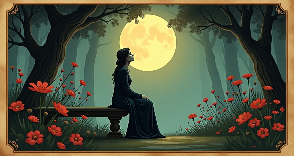  a tranquil garden illuminated by soft light, a figure sitting on a stone bench, eyes closed in contemplation, flowers in full bloom, serene, meditative. an illustration in the style of a worn, mystical old tarot trump card, mysterious and elements of surrealism. the colors are muted, somber and eerie, but with contrast bring out an occult and esoteric vibe.