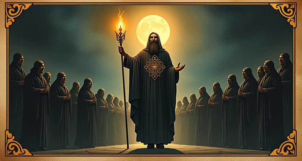  a wise guide holding a shining staff, groups of figures approaching with reverence, guide radiates warmth and inspiration, influential, respected. an illustration in the style of a worn, mystical old tarot trump card, mysterious and elements of surrealism. the colors are muted, somber and eerie, but with contrast bring out an occult and esoteric vibe.