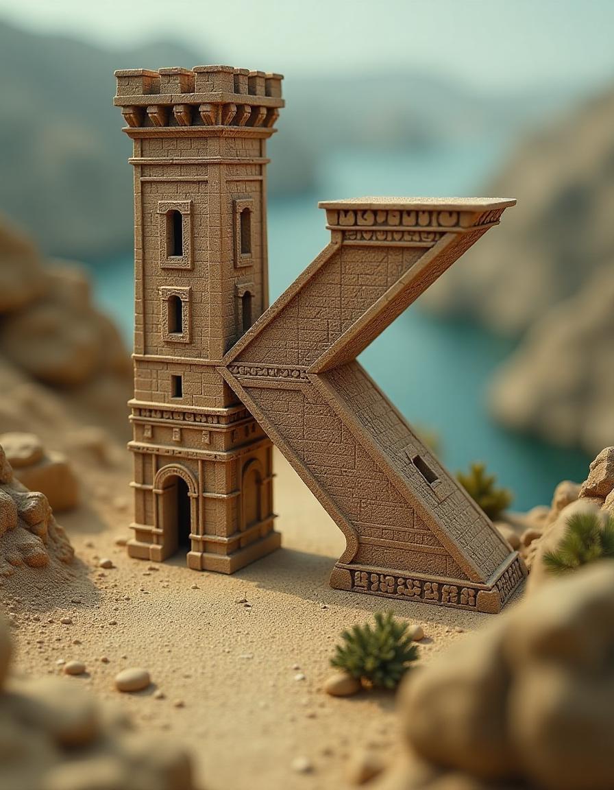  tilt shift photo of stylized image of the letter "k". ((cyrillic)), ((caps)) digital image with double exposure. (vector art) contour (from the letter "k": 1.7) :: filled with pattern. hyperdetailing. fullness. surrealist abstraction, antique construction, high detail, model lighting. well developed environment. ancient pyramids stylized in the letter "k". mini people. the temple is a tomb. . selective focus, miniature effect, blurred background, highly detailed, vibrant, perspective control