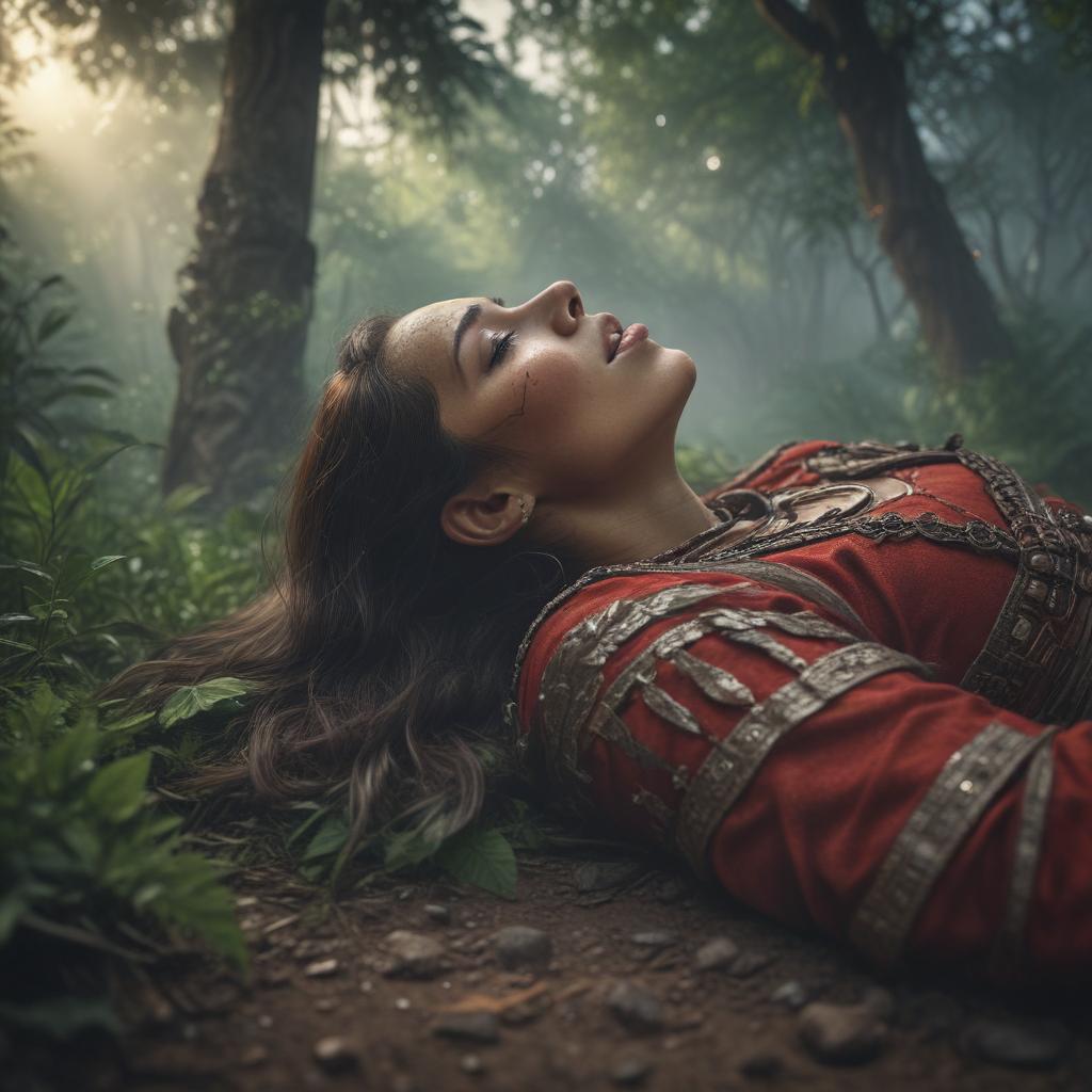 ((masterpiece)),(((best quality))), 8k, high detailed, ultra detailed, a tribe woman dead lying on the ground eyes closed blood, (jungle surroundings), (ancient ruins), (starlit sky) hyperrealistic, full body, detailed clothing, highly detailed, cinematic lighting, stunningly beautiful, intricate, sharp focus, f/1. 8, 85mm, (centered image composition), (professionally color graded), ((bright soft diffused light)), volumetric fog, trending on instagram, trending on tumblr, HDR 4K, 8K