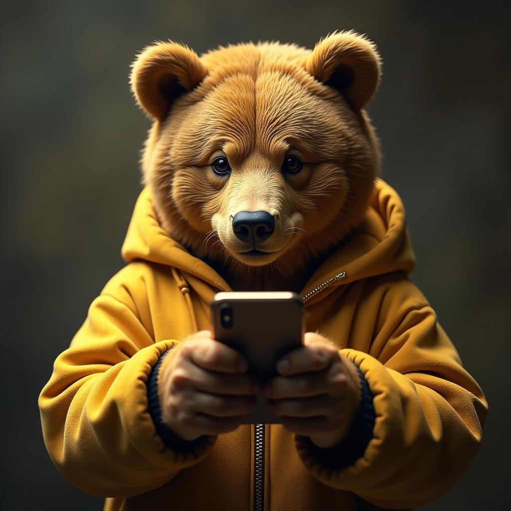  gold golden bear holding phone,but the screen faces the viewer hyperrealistic, full body, detailed clothing, highly detailed, cinematic lighting, stunningly beautiful, intricate, sharp focus, f/1. 8, 85mm, (centered image composition), (professionally color graded), ((bright soft diffused light)), volumetric fog, trending on instagram, trending on tumblr, HDR 4K, 8K