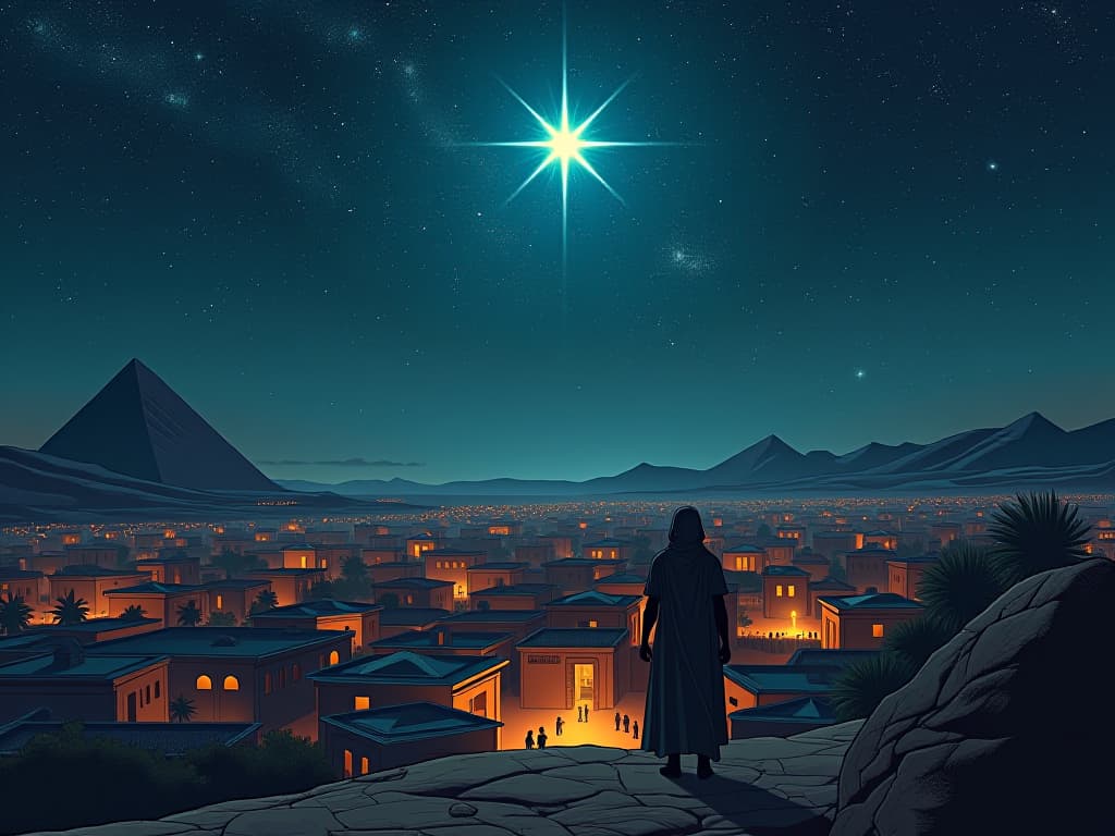  starry night over an ancient egyptian village, single bright star illuminating, hopeful and guiding. the style is digital art illustration / modern comic book / mysterious occult, symbolic, esoteric vibe,high detail on character design, incorporating ancient egyptian symbology and attire.