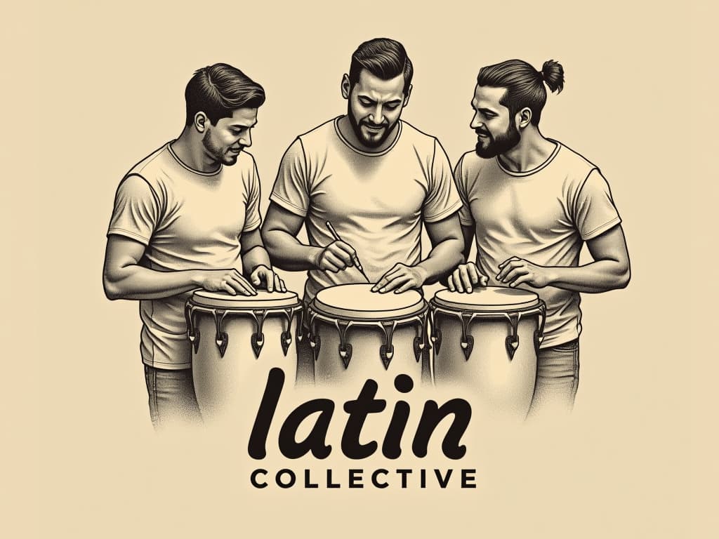  design a logo, in a pencil style. 3 manos de hombres tocando tambores , with the text 'latín beat collective '.