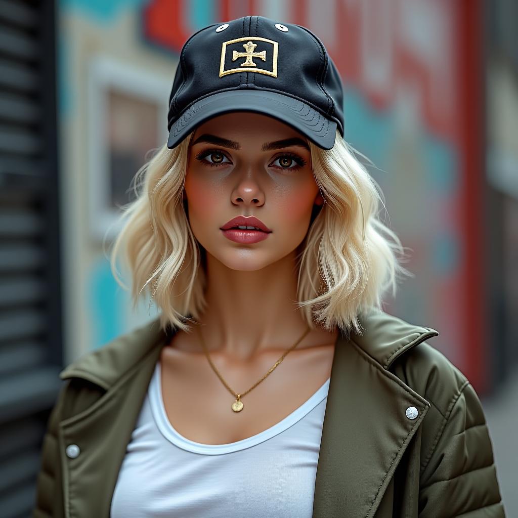  make an image a blonde bob woman with dark brown eyes and dressed in streetwear no cap