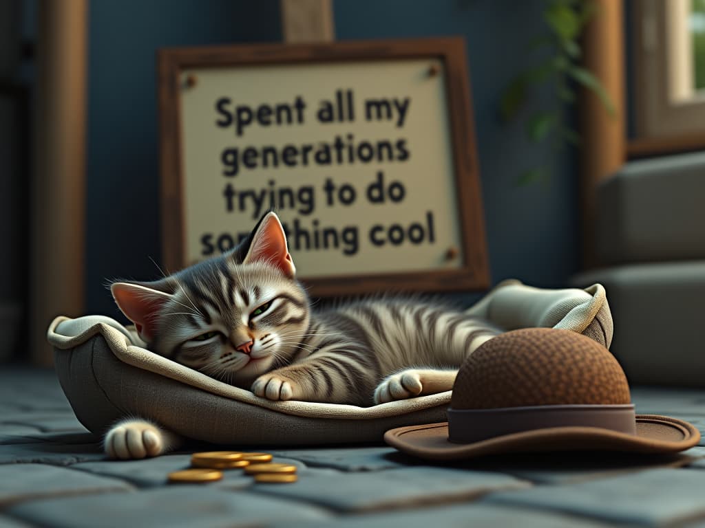  3d art style, semi realistic, a cute sad cat laying down, poster in front saying "spent all my generations trying to do something cool", dirty street, ripped and dirty cat bed, a hat on the ground with some coins inside, hyperrealistic, full body, detailed clothing, highly detailed, cinematic lighting, stunningly beautiful, intricate, sharp focus, f/1. 8, 85mm, (centered image composition), (professionally color graded), ((bright soft diffused light)), volumetric fog, trending on instagram, trending on tumblr, HDR 4K, 8K