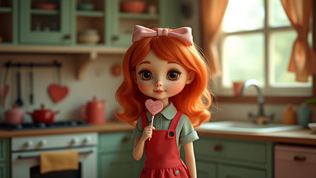  quirky red haired doll poses in a whimsical kitchen with heart lollipop