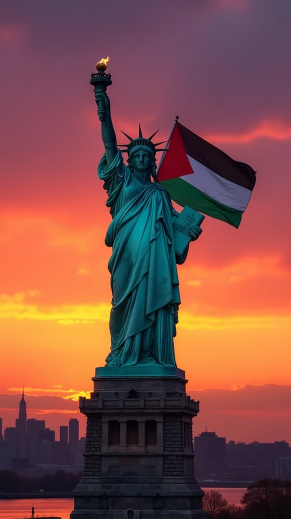  the statue of liberty stands majestically, holding a vibrant palestinian flag instead of her traditional torch. the sky is a dramatic sunset with hues of orange and purple, illuminating the iconic statue. the city skyline of new york is visible in the background, creating a powerful contrast between the symbol of freedom and the flag, capturing a moment of unity and solidarity.