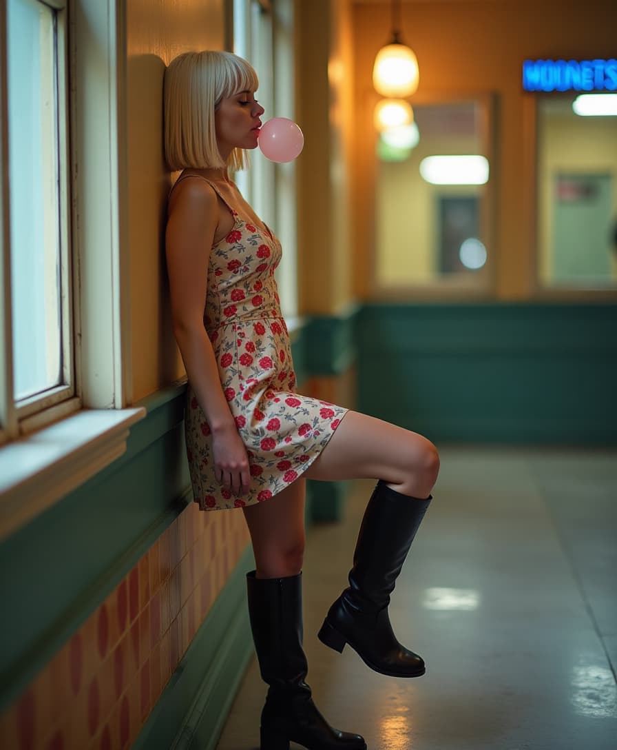  cinematic photo a blonde woman with bob hair leans the wall with one high up leg. she chewing a bubblegum and making a bubble. she wears in a floral dress with knee high boots. full body, side view, fashoin photoshoot. . 35mm photograph, film, bokeh, professional, 4k, highly detailed