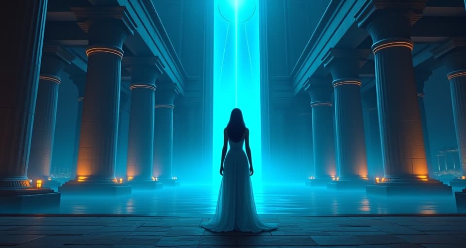  a vast ancient temple by the nile at night, illuminated by ethereal blue light, large busted priestess in a translucent gown standing in meditation, aura of divine awakening. the style is digital art illustration / modern comic book / mysterious occult, symbolic, esoteric vibe,high detail on character design, incorporating ancient egyptian symbology and attire.