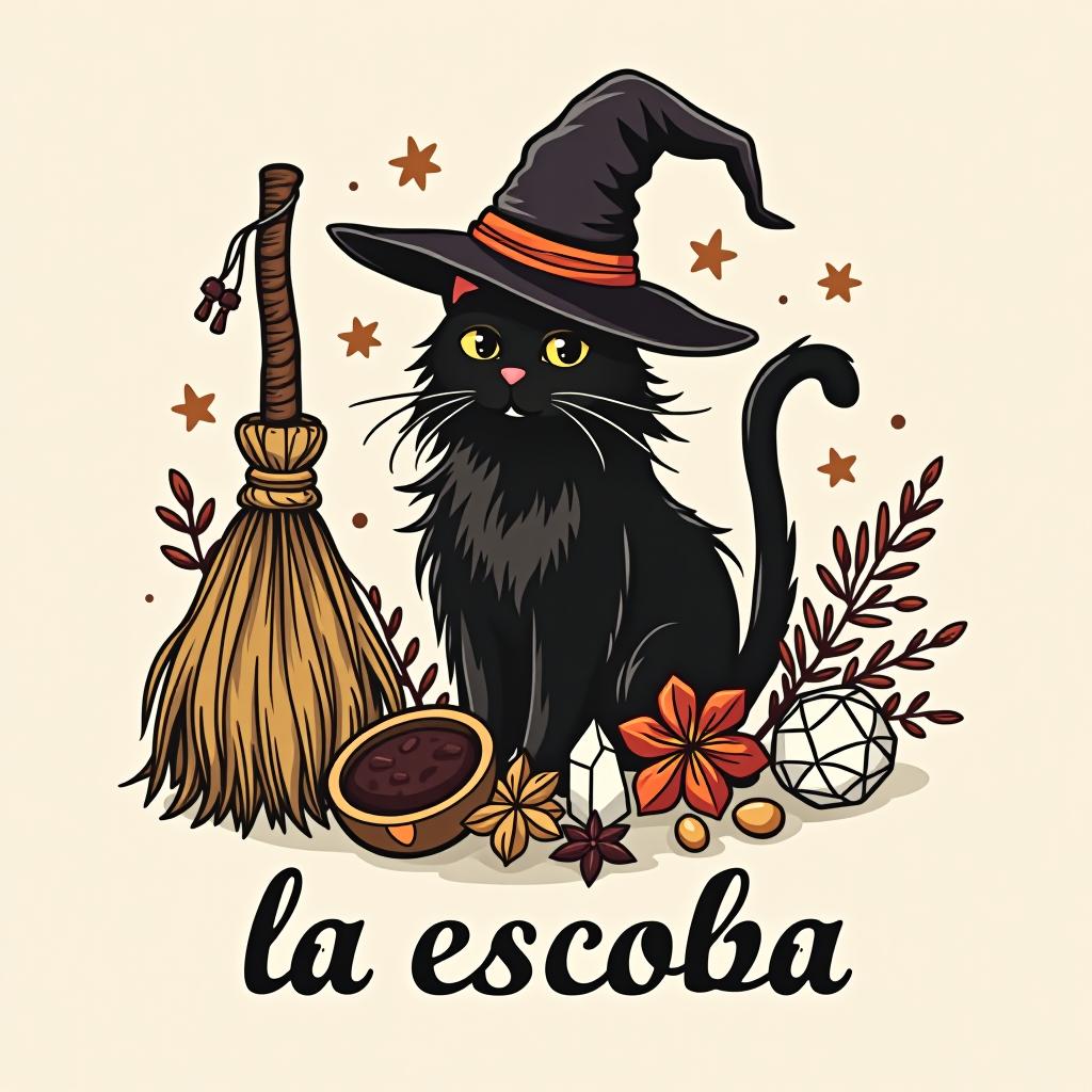  design a logo, witchy, broom, spices, black cat, dried herbs and crystals , with the text 'la escoba'.