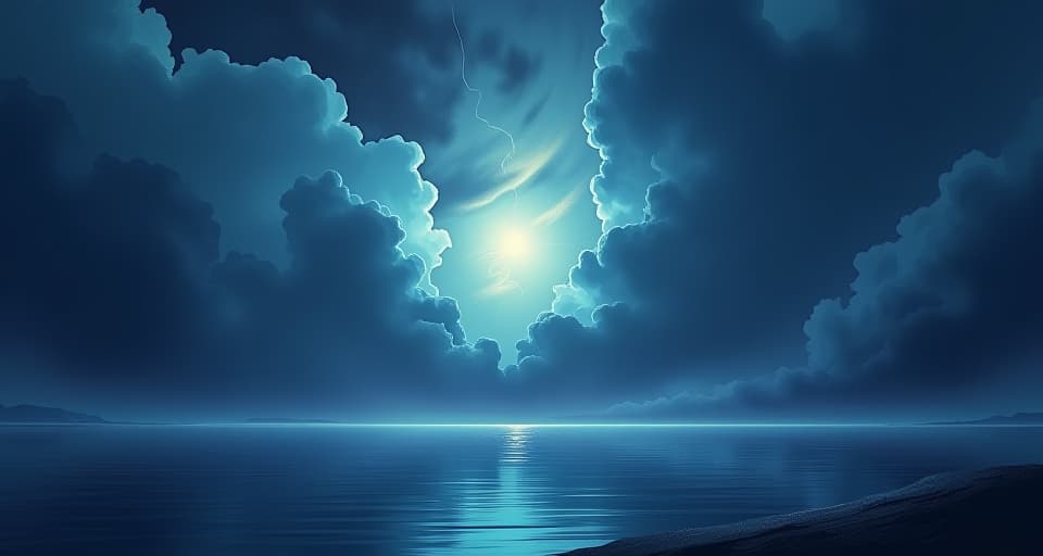  storm clouds gathering over a luminous lake, reflecting the gathering power beneath. mood: potent, foreboding.. the style is digital art illustration,highly detailed, whimsical,magical, dreamlike atmosphere, realism and fantasy blend, smooth, glossy textures,luminous quality, wonder and enchantment.