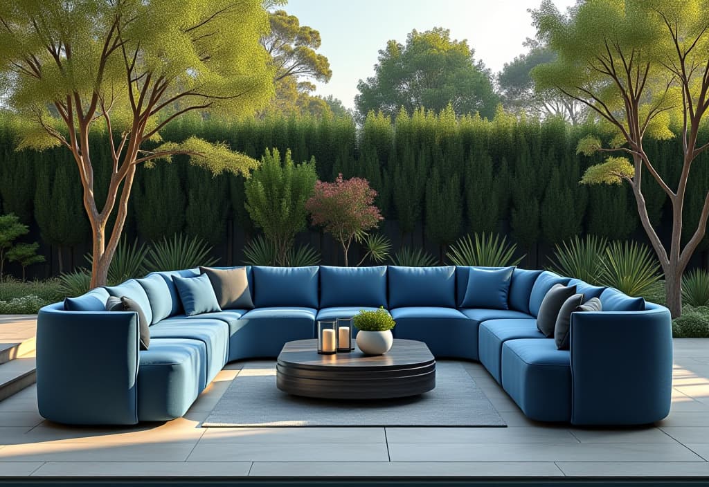  a landscape photo of an elegant patio setting with a curved modular sofa that can be rearranged into different configurations, featuring weather resistant fabric in a soothing blue hue hyperrealistic, full body, detailed clothing, highly detailed, cinematic lighting, stunningly beautiful, intricate, sharp focus, f/1. 8, 85mm, (centered image composition), (professionally color graded), ((bright soft diffused light)), volumetric fog, trending on instagram, trending on tumblr, HDR 4K, 8K