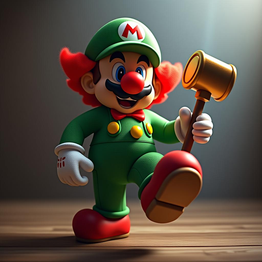  super mario style a clown in a green suit, in a shoe with a red nose, in a red wig, in a hat cylinder, with a toy double hammer in hand, a crazy . vint, cute, cartoony, fantasy, , reminiscent of super mario series hyperrealistic, full body, detailed clothing, highly detailed, cinematic lighting, stunningly beautiful, intricate, sharp focus, f/1. 8, 85mm, (centered image composition), (professionally color graded), ((bright soft diffused light)), volumetric fog, trending on instagram, trending on tumblr, HDR 4K, 8K