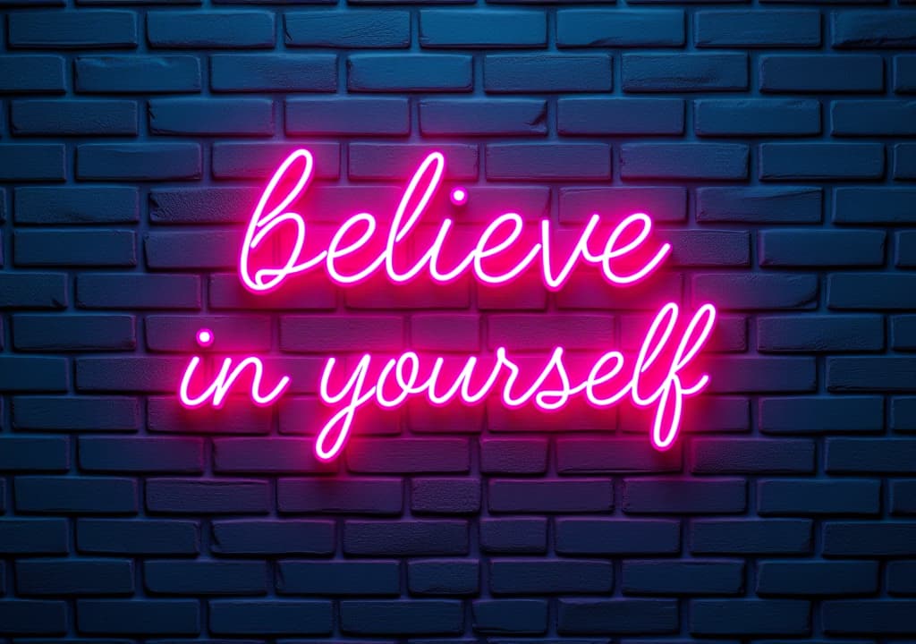  empowering neon message on brick wall. 'believe in yourself' neon sign offers inspiration against a textured blue backdrop