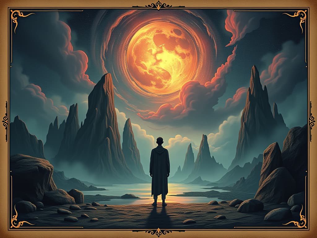  otherworldly landscape with shimmering colors, a figure standing in awe, colors glowing, dreamy, iridescent. an illustration in the style of a worn, mystical old tarot trump card, mysterious and elements of surrealism. the colors are muted, somber and eerie, but with contrast bring out an occult and esoteric vibe.