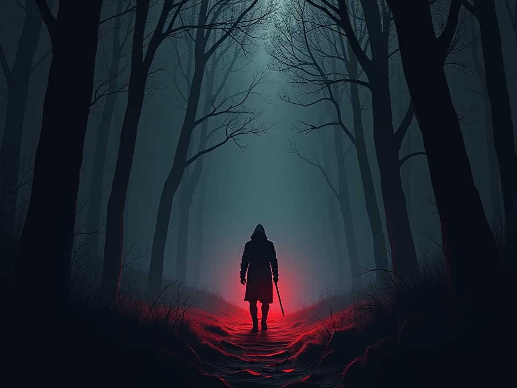  obscured path in a dense forest, darkening mist rolling in, atmosphere of foreboding. the style is digital art illustration / modern comic book / graphic dark novel fantasy and mysterious occult, symbolic, moody lighting, esoteric vibe,high detail on character design. for the color scheme emphasize blacks and reds.