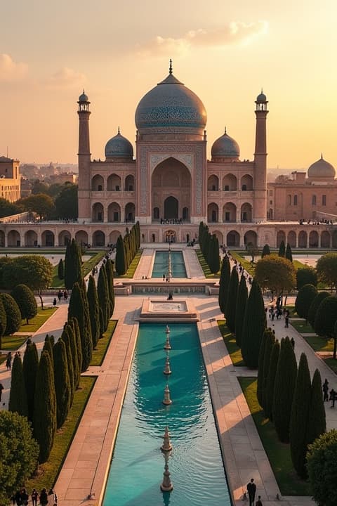  a stunning panoramic view of the mosques in isfahan, iran, showcasing the intricate tada ando architecture. the scene is filled with vibrant colors, detailed tile work, and majestic domes, surrounded by lush gardens and serene water features. the light of sunset casts a warm glow on the ornate patterns and designs, highlighting the craftsmanship of the buildings. people can be seen enjoying the serene atmosphere, capturing the essence of cultural heritage and architectural beauty.