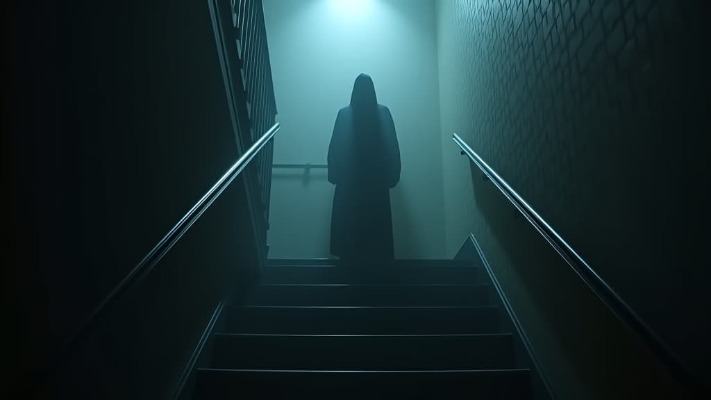  images about horror stories, a mysterious dark figure appears at the top of a staircase, creating an eerie atmosphere. hyperrealistic, full body, detailed clothing, highly detailed, cinematic lighting, stunningly beautiful, intricate, sharp focus, f/1. 8, 85mm, (centered image composition), (professionally color graded), ((bright soft diffused light)), volumetric fog, trending on instagram, trending on tumblr, HDR 4K, 8K