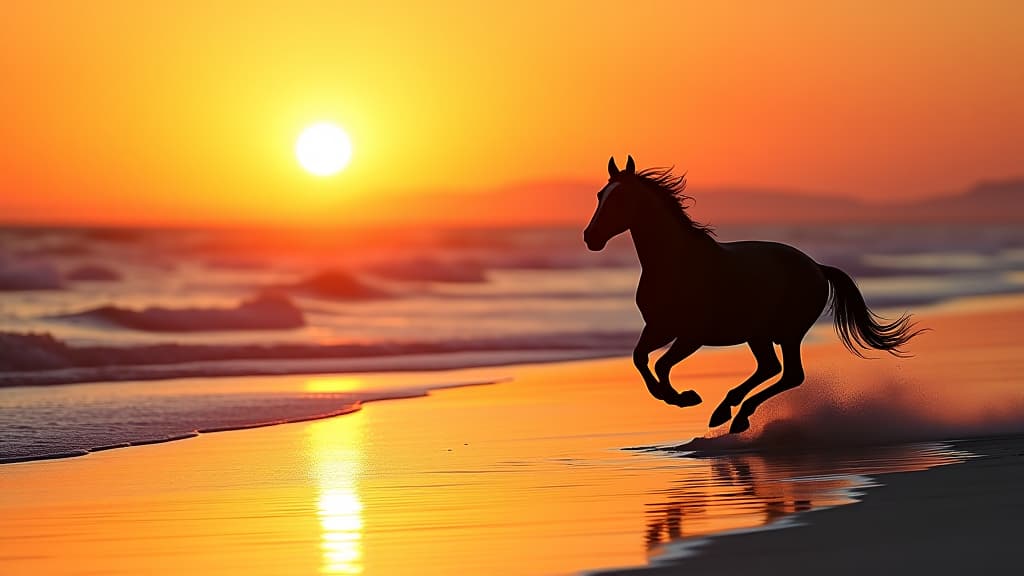  horse couple running on the beach at sunset