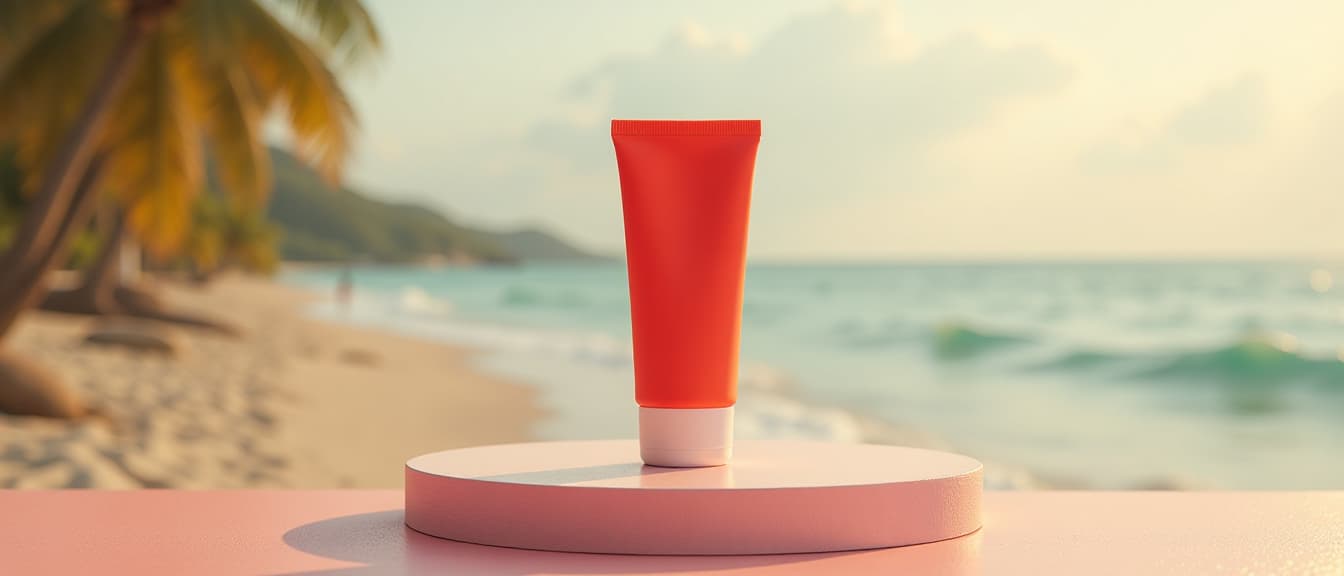  a round podium holding a red tube of sunscreen, high quality, high details, hd, perfect composition, 4k epic detailed, highly detailed, sharp focus, high resolution