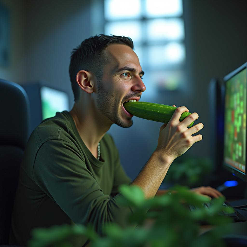  a thin man who plays minecraft with 30 computers and eats 100 cucumbers with one hand