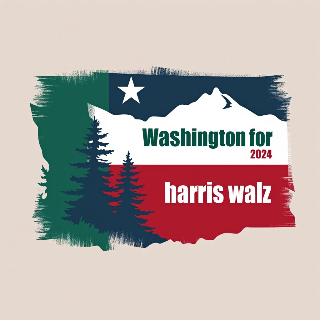  a tshirt design inspired by the washington state flag. the left side features a green vertical stripe with a large mountain in the center. the right side is divided into two horizontal sections: the top section is white with the text 'washington for' in bold, green, uppercase letters, and the bottom section is red with the text 'harris walz 2024' in bold, white, uppercase letters. the overall layout is clean and straightforward, with a clear and patriotic color scheme of blue, white, and red.