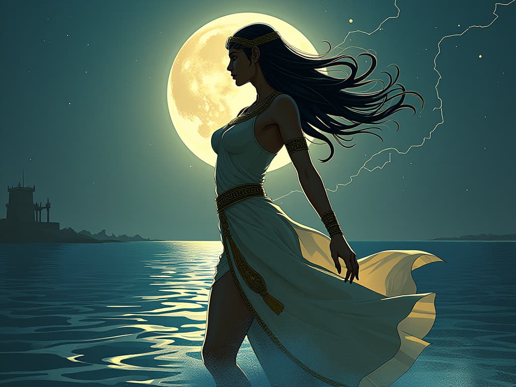  emotions, intense surge, a large busted egyptian goddess in a form fitting linen dress, standing by the nile, moonlight reflecting on the water, aura of powerful emotions, charged and electric energy. the style is digital art illustration / modern comic book / mysterious occult, symbolic, esoteric vibe,high detail on character design, incorporating ancient egyptian symbology and attire.