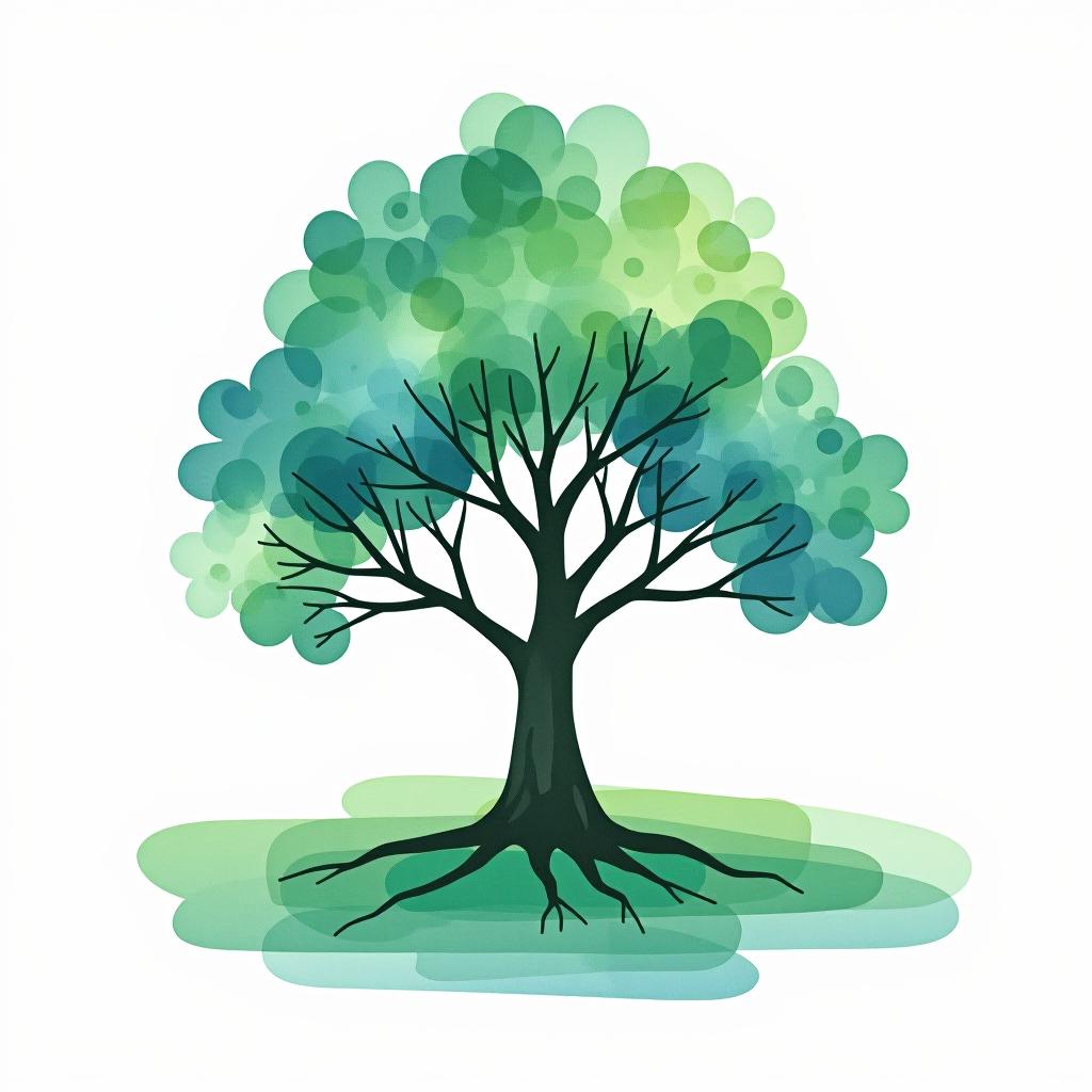  design a logo, watercolor style, logo of a tree, green and blue, white background