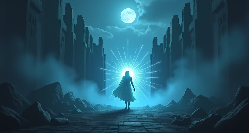  an ethereal warrior with a glowing aura, standing amidst the ruins of a dark palace. the air is filled with a sense of triumph, symbolizing resilience amid consequences.. the style is digital art illustration,highly detailed, whimsical,magical, dreamlike atmosphere, realism and fantasy blend, smooth, glossy textures,luminous quality, wonder and enchantment.