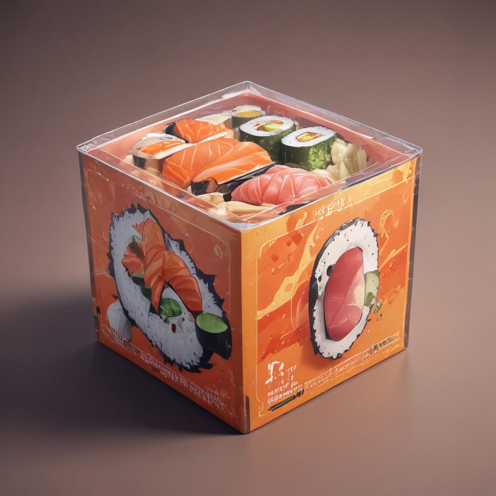 distance-shot, flashy, full-body, dynamic, holographic, animated cartoon poster of a take-out box of sushi in the style of dragon ball super