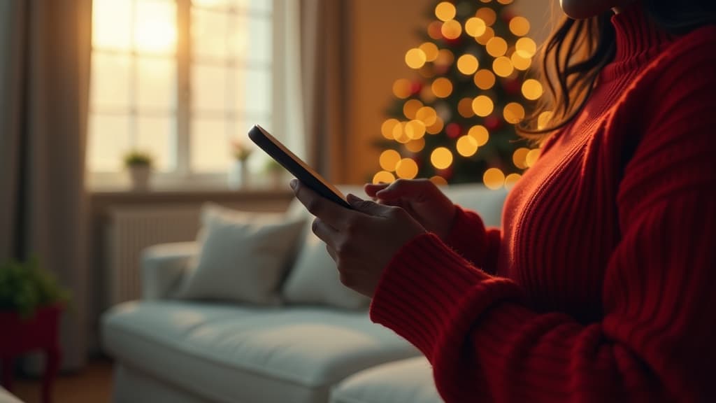  cinematic film style, close up, black skin female hands holding phone, red wool sweater, white christmas room in background, christmas lights and bokeh ar 3:2 ar 16:9, shallow depth of field, vignette, maximum details, high budget hollywood movie, bokeh, cinemascope, moody, epic, gorgeous, sun rays and shadows on furniture and surfaces, flattering light, raw photo, photography, photorealistic, 8k resolution, f1.4, sharpened focus, sharp focus