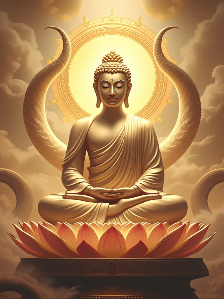  the buddha sits on the throne of the lotus, with a kind and calm face, with his hands on his knees, his eyes closed, his eyes white, his eyes white, and his eyelids soft. in gold, with the horns dazzling, around the clouds, and behind them the wheel shining. the surroundings are still, as if they were in a emptiness of an ingrained bouquet of luminous light, which gives a sense of peace and awareness, and conveys deep wisdom and boundless mercy。