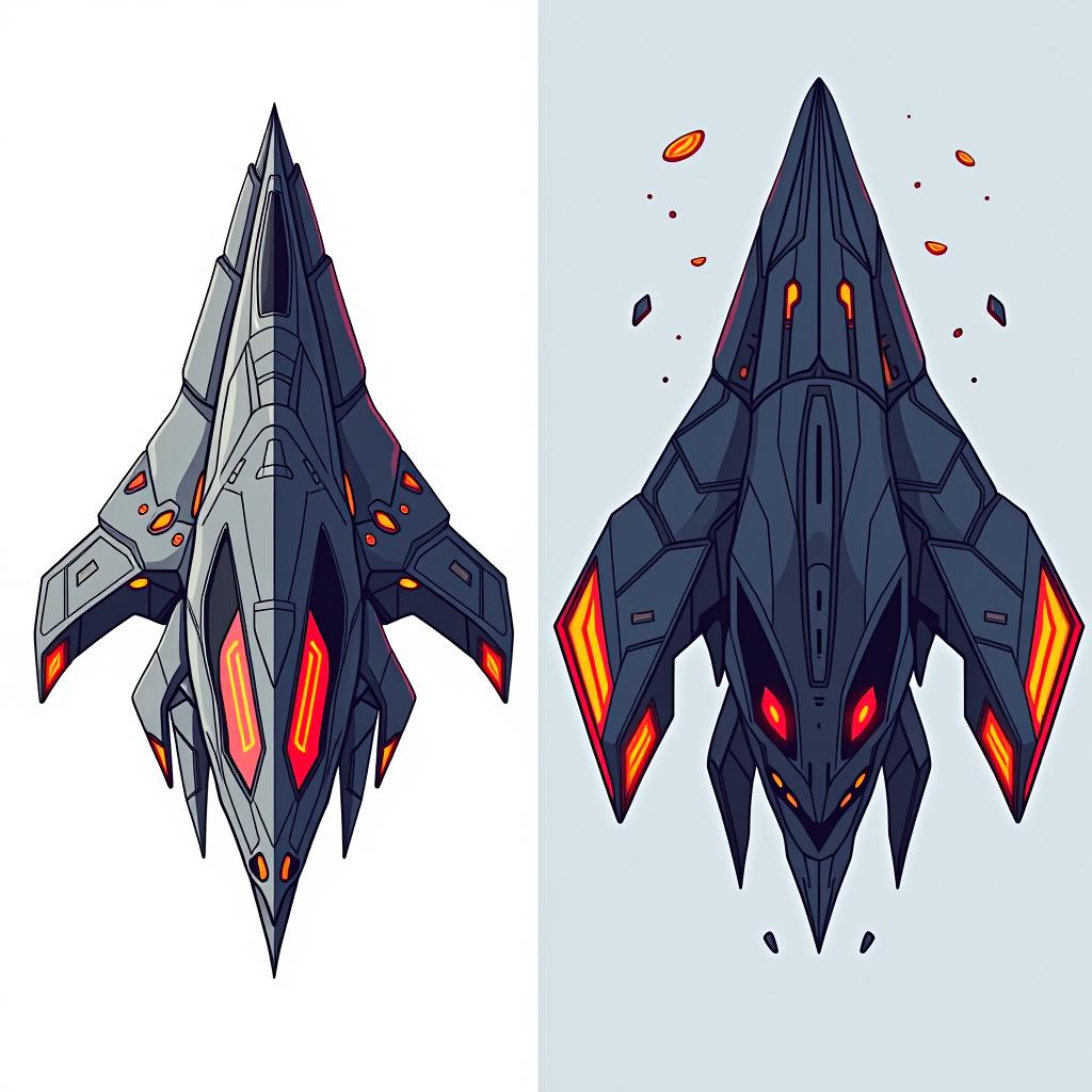  white background. left side: a simple vector graphic showing a hyper realistic spaceship's front view, designed with elements inspired by a mysterious alien planet. the spaceship features. right side: back view of the same spaceship, maintaining high detail and consistency, with the same glowing areas, floating fragments, and unique, otherworldly design. both views should depict the same object, with the split elements enhancing the spaceship's dynamic and fantastical appearance. cartoon and disney style.